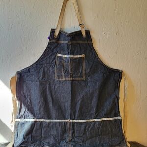 Denim Work Apron with Striped Trim, Adjustable Straps